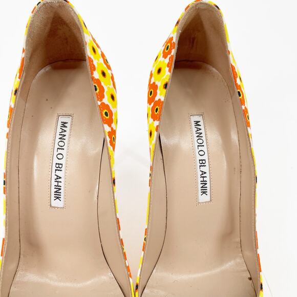 Manolo Blahnik Yellow Orange Floral Cotton BB Pointed Toe Stiletto Heels IT 37.5 - Picture 8 of 13